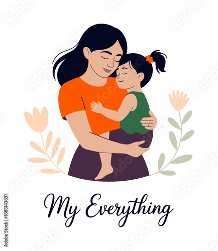 A touching illustration capturing the loving bond between a mother and her child, showcasing their connection and happiness in a delightful embrace. Ideal for family themes.
