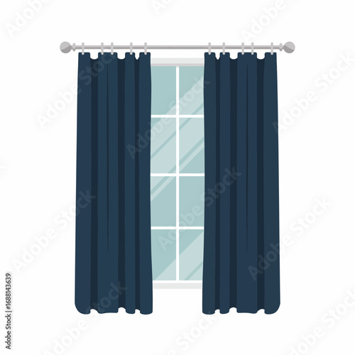 A minimalistic illustration featuring a window dressed with classic blue curtains, emphasizing simplicity and elegance, suitable for home decor and design themes.