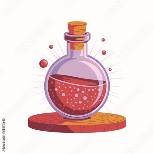 A vibrant potion bottle containing a rich ruby liquid bubbles, highlighting an enchanting and magical essence that captures the viewer’s imagination and curiosity.