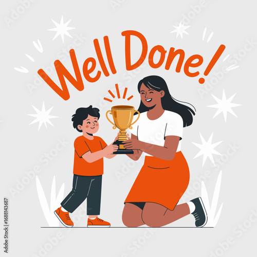 A happy child and parent celebrate a victory holding a trophy, encapsulating the essence of achievement, encouragement, and shared joy in a supportive family bond.