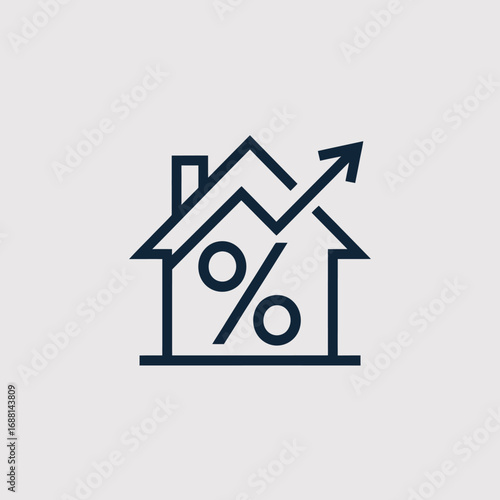 This graphic design illustrates a house with an increasing percentage symbol, emphasizing the concept of growth and stability in the modern real estate market.