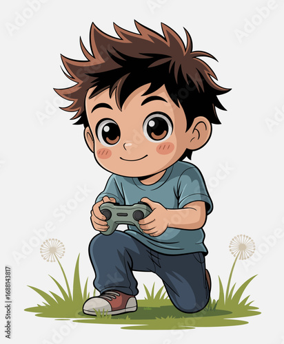 This image showcases a young boy kneeling in a playful pose while closely engaging with his game controller amidst a vibrant natural environment, symbolizing happiness in gaming.
