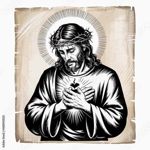 This meditative representation of Jesus portrays deep thought and inner peace, surrounded by layers of radiant light, embodying divine love and spiritual insight in a captivating style.