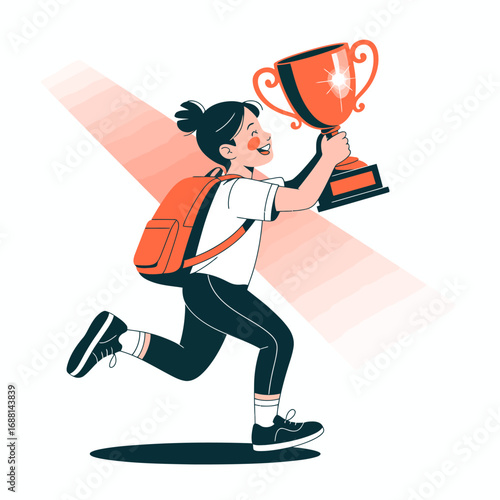 A vibrant image of a happy girl running with a trophy, expressing triumph and joy while celebrating a personal achievement in a lighthearted and energetic manner.