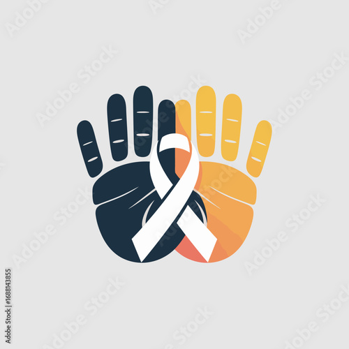 An artistic rendering of two hands in vibrant colors with a ribbon entwined, symbolizing hope through togetherness and connection, perfect for conveying unity.
