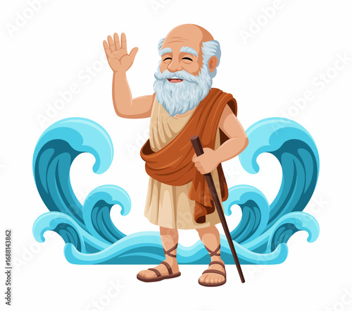 This image features a cheerful elderly figure with a cane, gesturing broadly, surrounded by stylized ocean waves embodying joy, wisdom, and the beauty of life's experiences.
