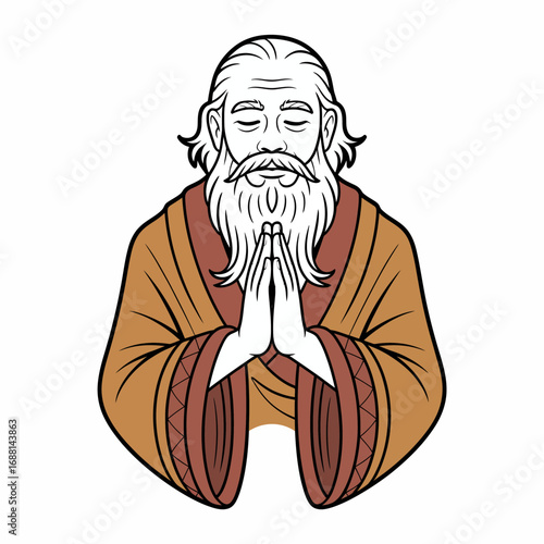 This image features an elderly philosopher with hands clasped in prayer, exuding wisdom and contemplation, symbolizing the search for truth and understanding in life.