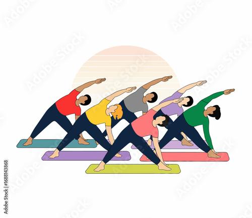 The image captures individuals in varied yoga poses, celebrating strength, balance, and the personal journey of self-discovery through movement and mindfulness.