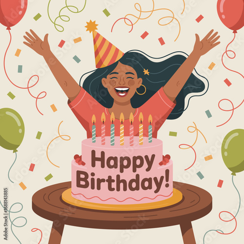 An expressive and colorful birthday scene showcasing a woman joyfully celebrating with a cake, candles, and balloons, radiating happiness and excitement for memorable moments.