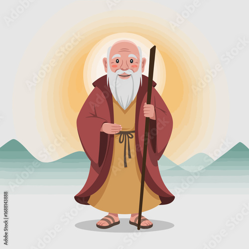 A cheerful elder smiles broadly while holding a staff, radiating joy and positivity, symbolizing the beauty of aging and the wisdom that comes with life's experiences.