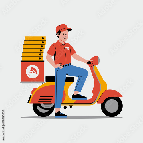 A pizza delivery rider confidently posed with stacks of pizza boxes on a striking yellow scooter, symbolizing prompt service and zest in the urban delivery scene.