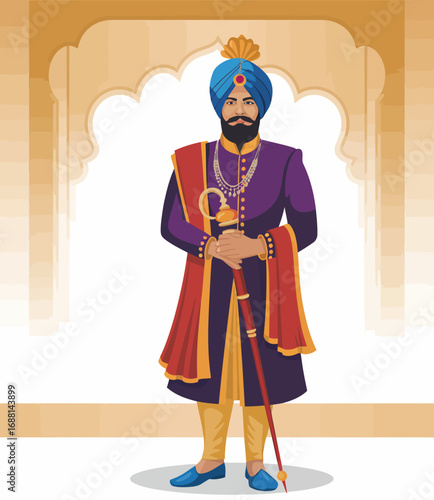 A distinguished nobleman clad in traditional attire, prominently displaying a cultural stick, radiating dignity and sophistication in a beautifully designed heritage backdrop.