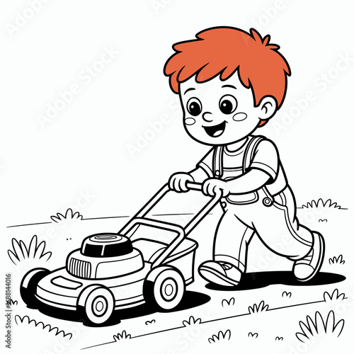 The illustration captures a cheerful child mowing grass, showcasing the joy of outdoor activities, vibrant colors, and the essence of childhood innocence and responsibility.