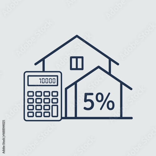 This image features a house alongside a calculator illustrating a 5% figure, symbolizing finance, home buying, and mortgage calculations for potential homeowners.
