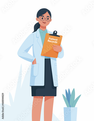 This illustration features a female doctor smiling while holding a clipboard with patient records, illustrating her dedication and professionalism in providing quality medical care.