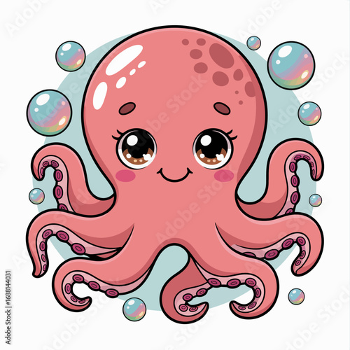 This adorable octopus character is illustrated with large eyes and a smiling face, swimming amidst colorful bubbles, evoking feelings of joy and playfulness in marine life.