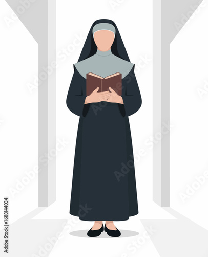 A serene scene of a nurse in religious attire standing with a book in a softly lit hallway, symbolizing the intersection of faith and health care in a compassionate atmosphere.