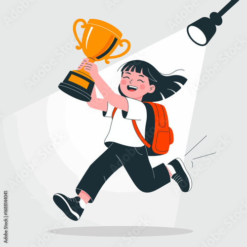 A cheerful child runs exuberantly, holding a golden trophy high in the air, embodying the joy of victory and success in a vibrant celebration of achievement.