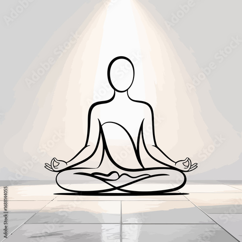 This captivating image showcases a meditative figure illuminated by light, reflecting themes of spirituality, serenity, and inner peace within a clean and modern aesthetic environment.
