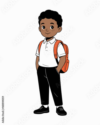 This illustration captures a confident young boy casually standing with his hands in his pockets, equipped with a backpack, embodying the spirit of youthful adventure.