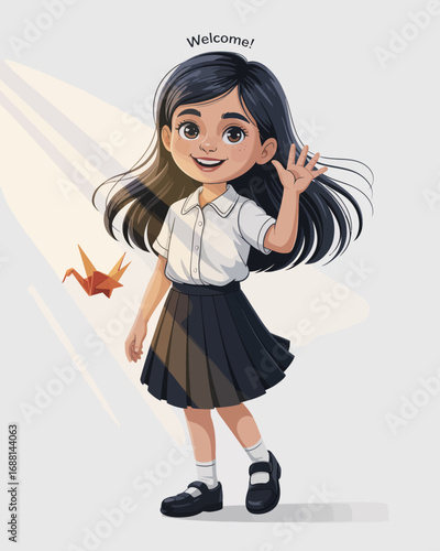A friendly schoolgirl waving with a welcoming smile, accompanied by an origami crane, representing creativity, charm, and the warmth of childhood friendship in a vibrant artistic style.