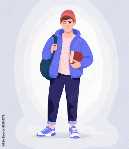 A young boy character posed confidently with a backpack and book, showcasing a trendy look that symbolizes readiness for learning and a bright future ahead.