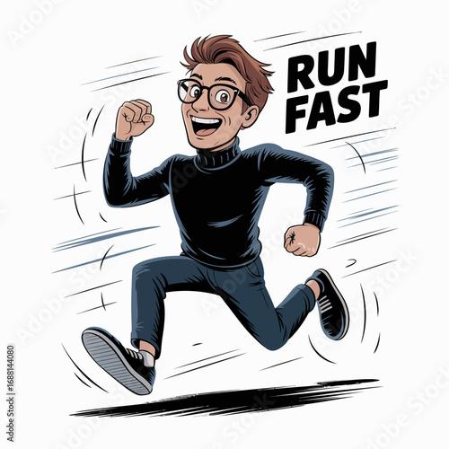 An animated character excitedly running fast, conveying a sense of energy and motion, featuring stylish clothing and glasses while expressing joy and determination.