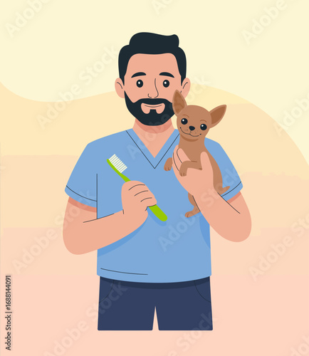 An engaging veterinarian holds a Chihuahua with a toothbrush, emphasizing the necessity of dental care for pets, conveyed through bright colors and a welcoming atmosphere.