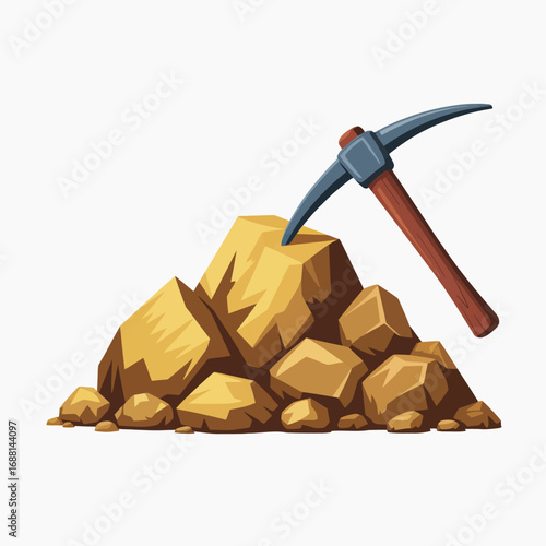 A cartoon-style illustration of a pile of gold and a pickaxe represents the concept of wealth and the playful side of treasure hunting in a colorful, engaging manner.