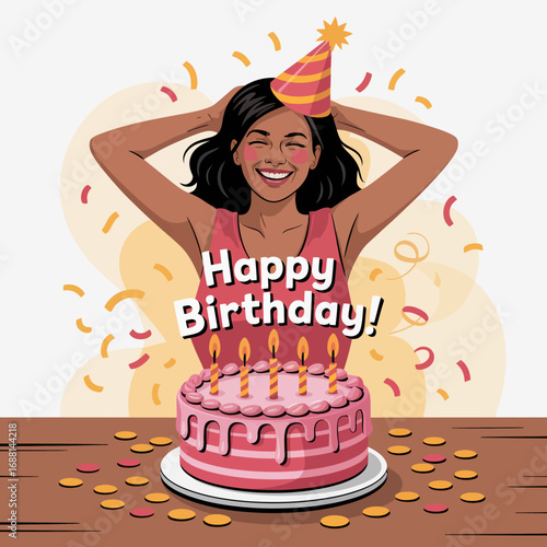 A cheerful woman celebrating her birthday with a party hat, smiling widely, surrounded by confetti and a beautifully decorated cake with candles, embodying happiness and joy.