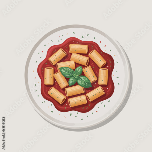A delectable serving of rigatoni pasta elegantly styled atop rich tomato sauce, garnished with fresh basil leaves, illustrating the beauty of Italian culinary art on the plate.