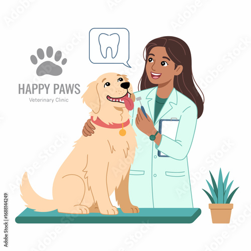 A joyful scene at Happy Paws Veterinary Clinic, where a veterinarian checks the dental health of a cheerful dog, emphasizing care and affection in animal healthcare.
