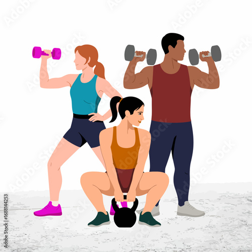 Three individuals showcase their fitness routines in a dynamic group workout session, emphasizing the importance of collaboration and support in achieving fitness goals.