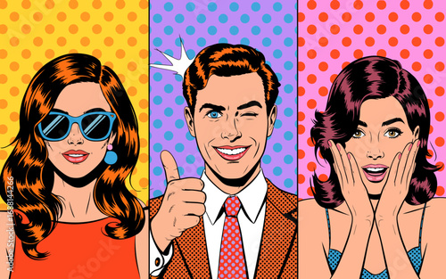 This vibrant pop art piece features three stylized characters expressing various emotions with bold colors, sunglasses, and engaging facial expressions in a comic style.