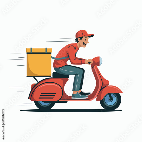 This image features a happy delivery man riding a bright red scooter, representing modern delivery services and the hustle of urban life filled with vibrant energy.