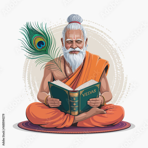 A wise sage depicted in traditional attire, reading ancient Vedas, symbolizes knowledge and spirituality, perfect for themes focused on wisdom, enlightenment, and cultural heritage.