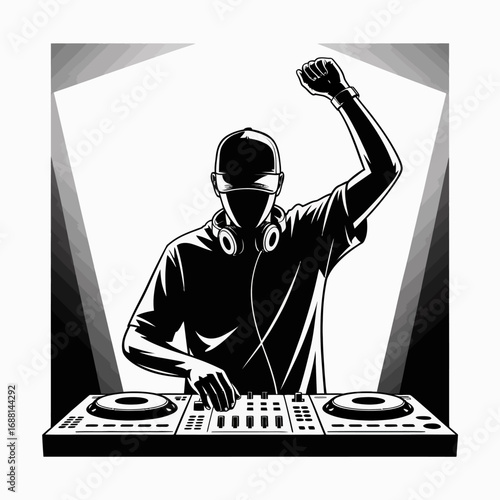 An energetic DJ performing live at turntables, capturing the vibrant atmosphere of electronic music and nightlife, with an emphasis on creativity and entertainment.