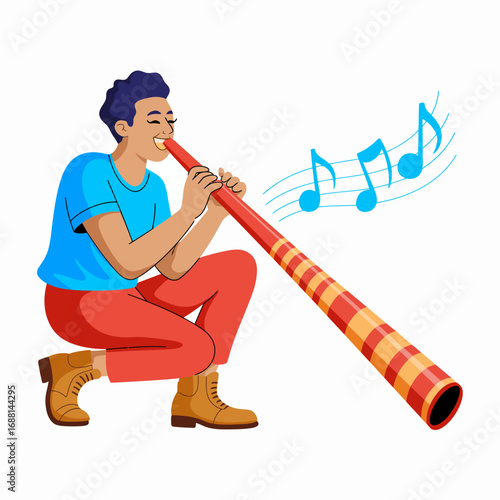 Captured in a lively illustration, a musician squats while playing the didgeridoo, surrounded by musical notes that emphasize the rhythm and joy of the performance.