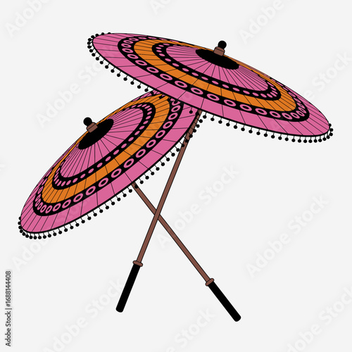 Two beautifully designed traditional umbrellas with intricate patterns, showcasing the artistic craftsmanship and cultural significance in various celebrations and outdoor events.