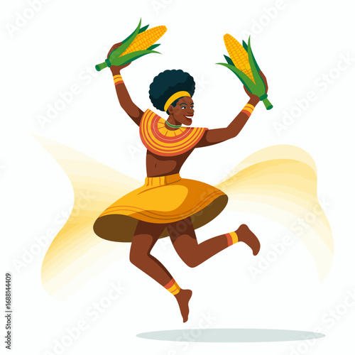 This image portrays a cheerful dancer holding corn, symbolizing celebration and cultural heritage. The artwork beautifully captures the vibrance and joy associated with harvest festivals.