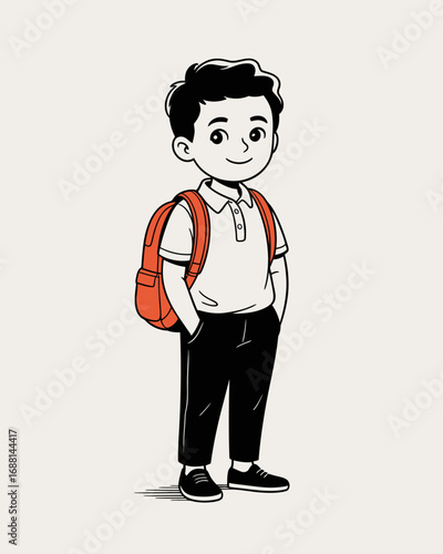 A happy young boy poses confidently in a trendy outfit with a backpack, conveying a sense of excitement and readiness for a wonderful day ahead filled with learning.