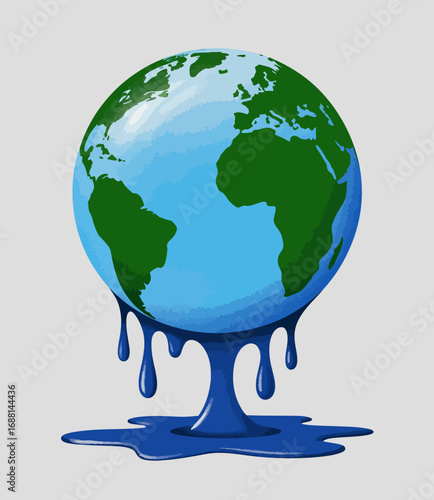 A stylized image of Earth melting, portraying environmental concerns. The blue liquid represents water, emphasizing climate change and the urgency of action to save our planet.