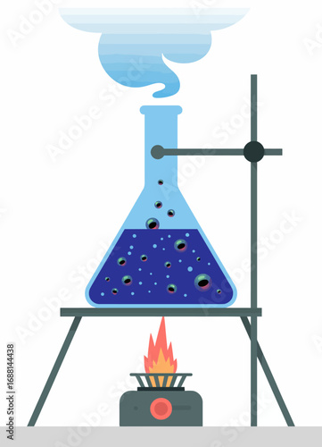 The image shows a laboratory flask with dark blue liquid, placed over a flame, emphasizing the interaction of heat and chemistry in a controlled experiment.