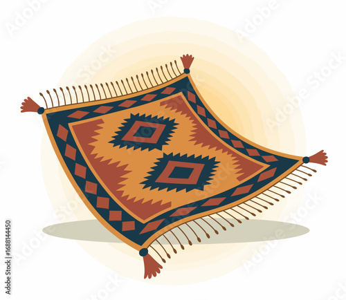 Showcasing intricate fringe edging, this embellished decorative rug features a blend of engaging colors and patterns that evoke warmth and tradition in home interiors.