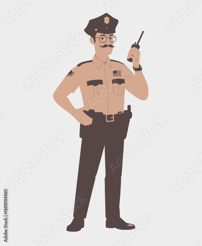 A stylish police officer poses with a walkie-talkie near a window, embodying a modern approach to law enforcement and engaging with the community effectively.
