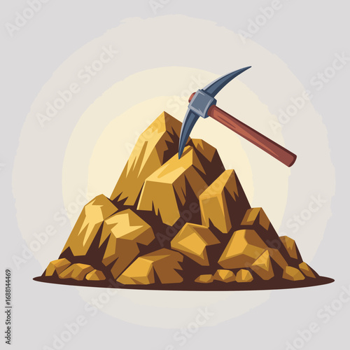 An artwork depicting gold mining tools and rocks captures the essence of treasure hunting, highlighting the manual effort needed to uncover Earth's precious resources.