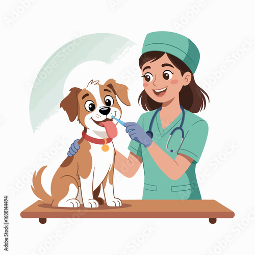 A joyful veterinary nurse examines a playful dog during a routine check-up, highlighting the bond between pets and their caretakers within a professional veterinary setting.