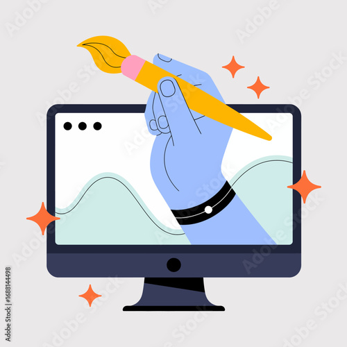 This beautiful digital artwork showcases a vibrant hand holding a brush, painting colorful waves on a computer display, representing artistic inspiration and digital creation.
