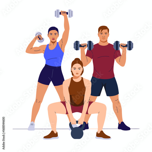 This image features a diverse group of three individuals weightlifting with dumbbells and kettlebells, showcasing strength training and fitness enthusiasm in a gym setting.