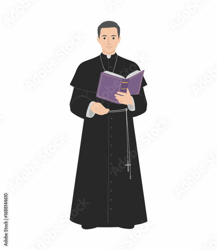In this image, a joyful priest dressed in traditional garb holds a prayer book, embodying faith and positivity in a contemporary religious context.